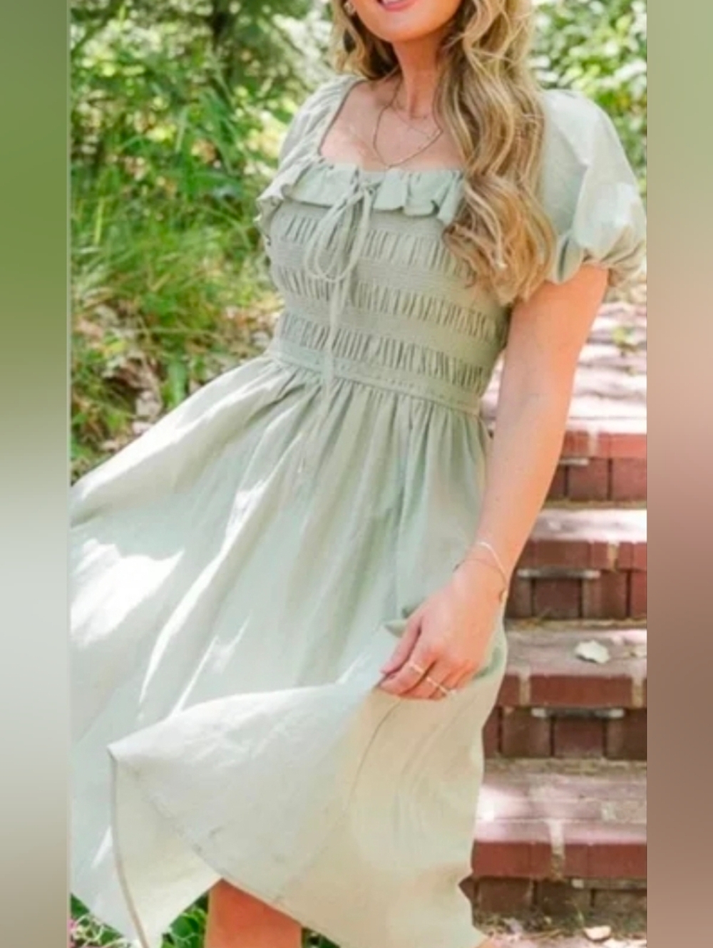 Ivy City Co Sage Green Puff Sleeve Smocked Midi Dress